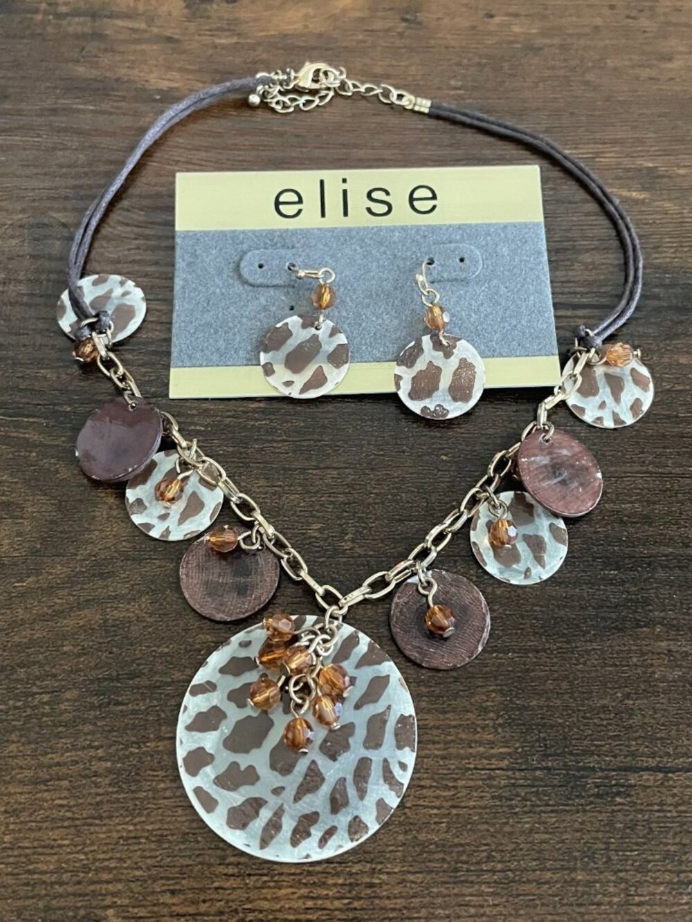 Elise Cheetah Print Women's Jewelry Set Brown Disc Pendant Earrings Necklace